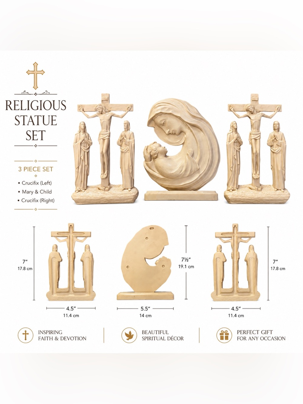 Religious Statue Set Crucifix Mary Child Christian Faith Home Decor 3pc